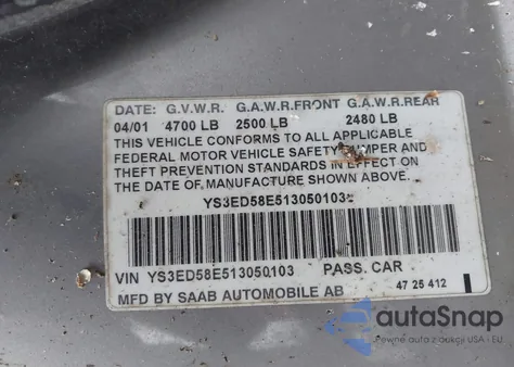 2001 Saab 9-5 z USA, uszkodzony, nr VIN YS3ED58E513050103